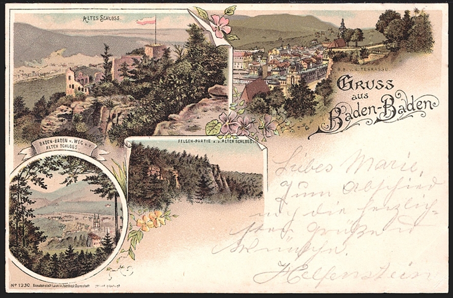 Deutschland, Lithographien, Gruss aus BADEN-BADEN, 4 Bilder, ca. 1900, nicht gelaufen