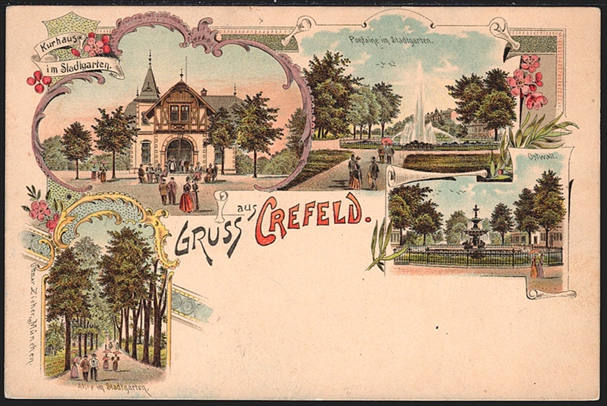 Deutschland, Lithographien, Gruss aus CREFELD, 4 Bilder, um 1900, nicht gelaufen