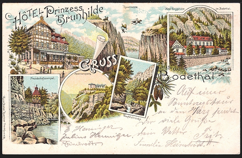 Deutschland, Lithographien, Gruss aus dem BODETHAL Hotel Prinzess Brunhilde, 6 Bilder, 1898