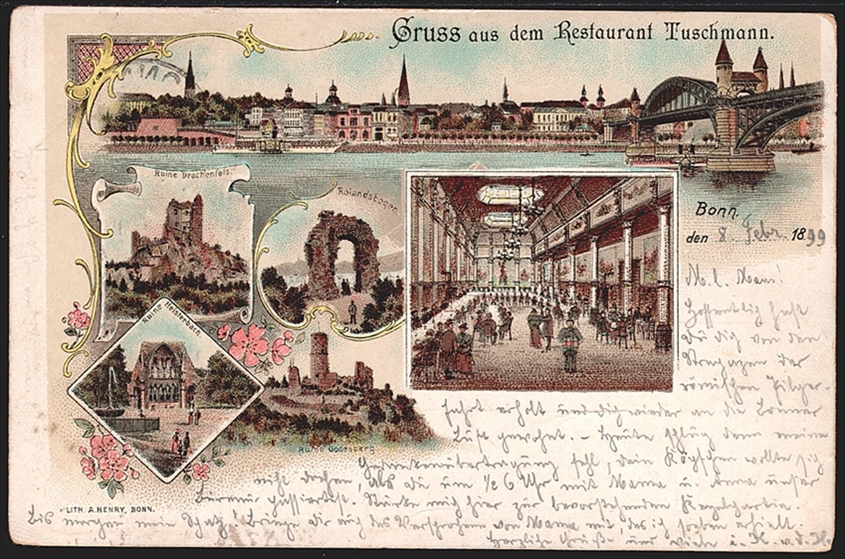 Deutschland, Lithographien, Gruss aus dem Restaurant Tuschmann BONN, 6 Bilder, 1899