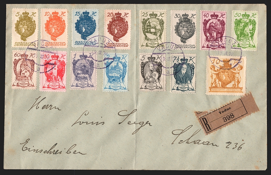 Liechtenstein, Freimarken, Nr.25-39, komplette Serie auf R-Satzbrief nach Schaan, VADU