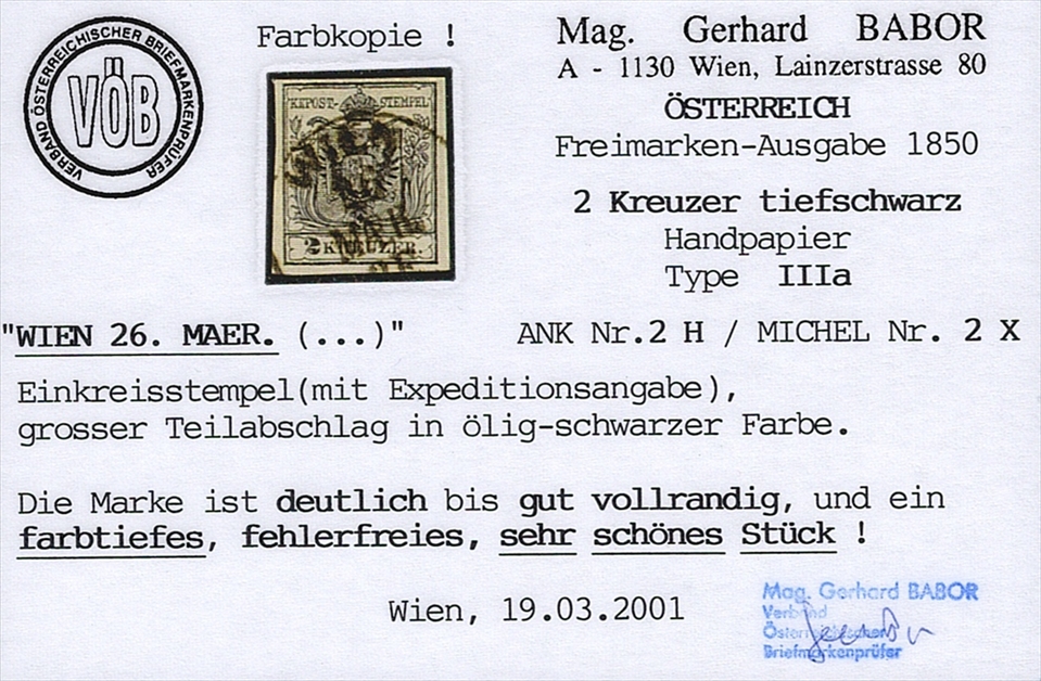 Österreich 1850 2 Kreuzer FB Nr. 2 HP Type IIIa gestempelt WIEN – Bild 2