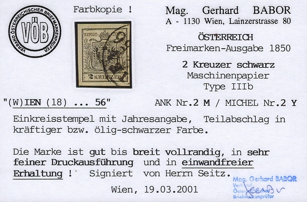 Österreich 1850 2 Kreuzer FB Nr. 2 "schwarz" MP Type IIIb in sehr feiner Druckausführung gestempelt WIEN – Bild 2
