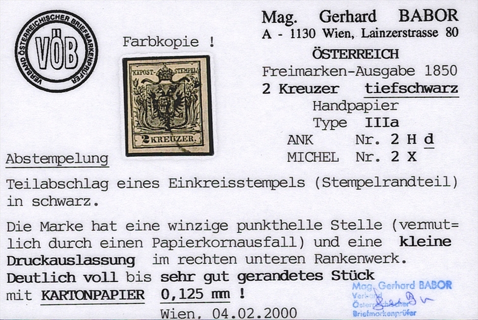 Österreich 1850 2 Kreuzer FB Nr. 2 "tiefschwarz" HP Type IIIa mit kleinerer Druckauslassung und Kartonpapier gestempelt – Bild 2