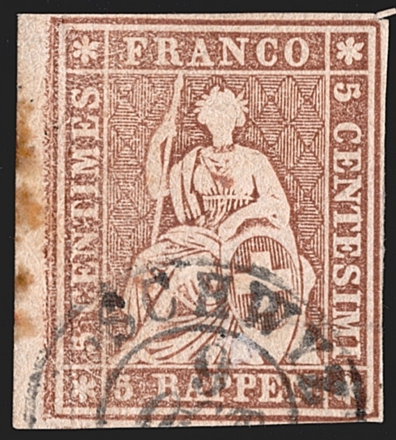 Schweiz, Altschweiz, Strubel, Nr.22D, 5Rp. braun, gestempelt SCHWYZ, vollrandig
