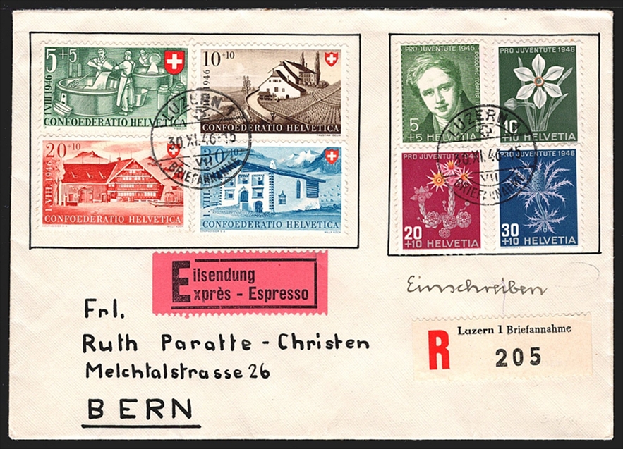 Schweiz FDC, Pro Juventute, 1946, komplette Serie mit Pro Patria-Serie als Erst-/Letzttag-Brief, R-Express Brief