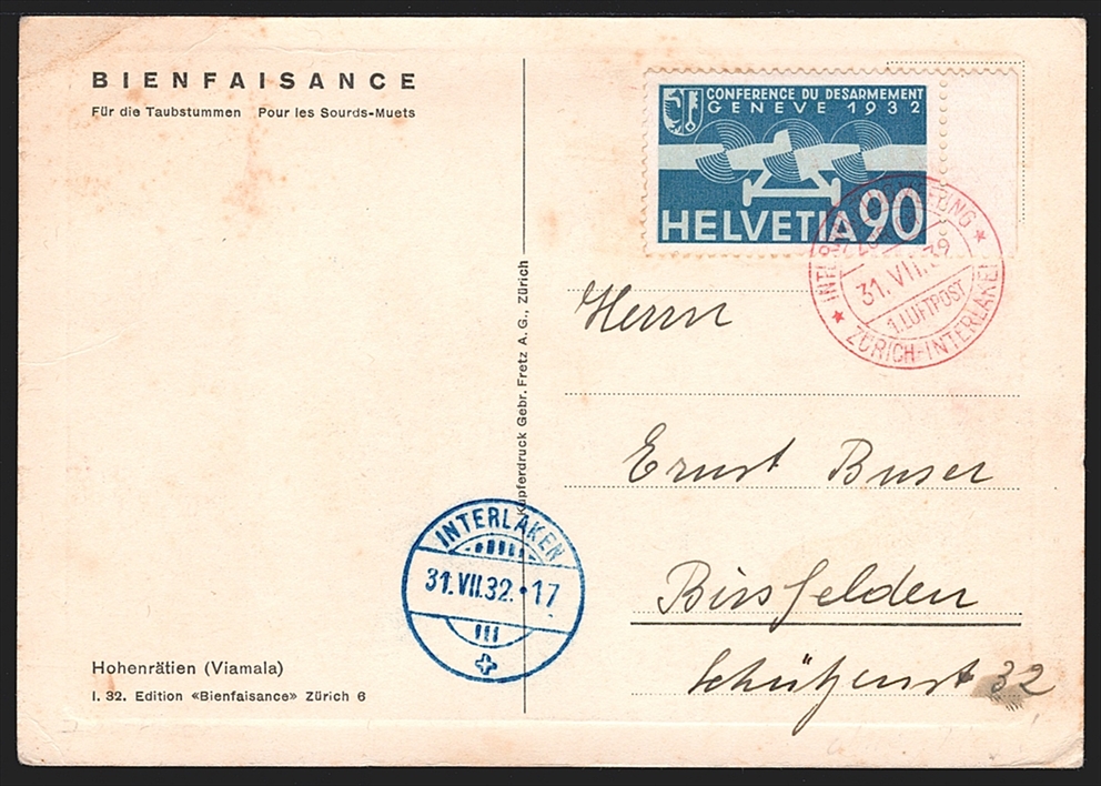 Schweiz, Flugpost, Sonderflüge, 1932, Zürich-Interlaken SF 32.7g