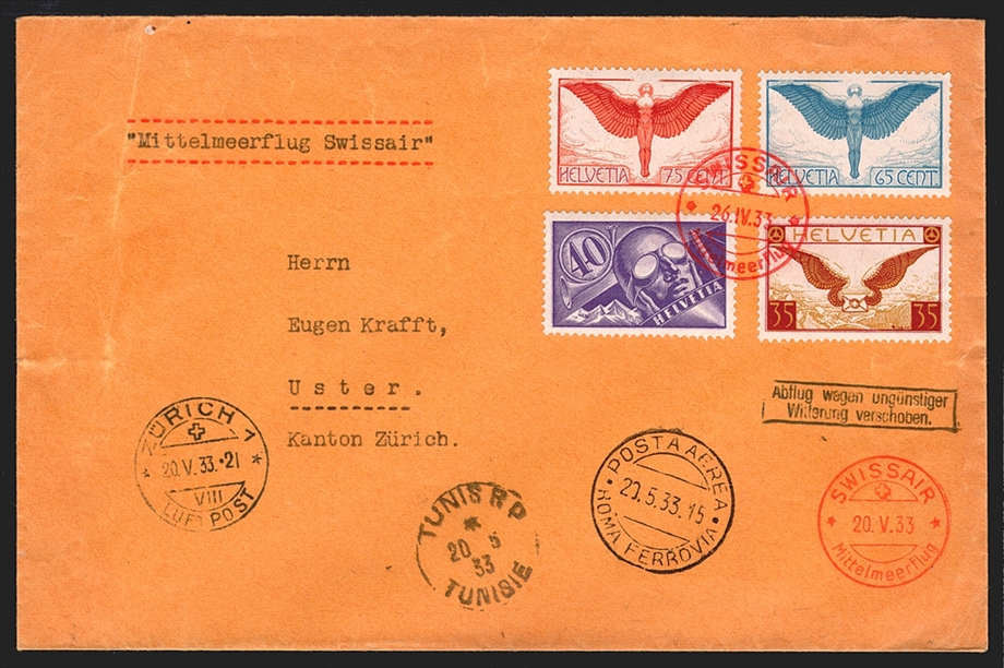 Schweiz, Flugpost, Sonderflüge, 1933 Swissair Mittelmeerflug Zürich-Zürich, SF 33.6c, Brief mit guter Frankatur
