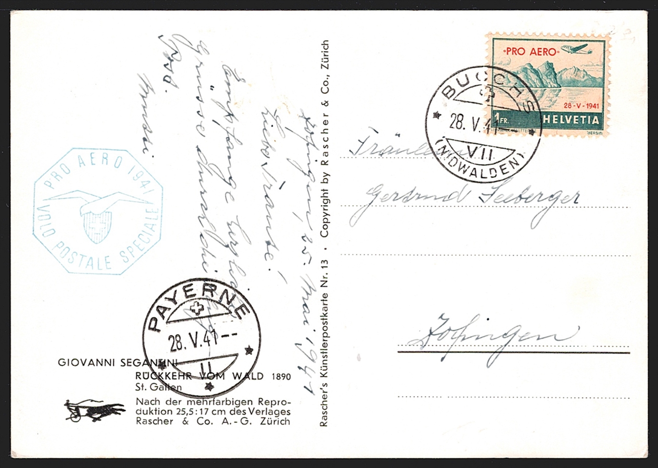 Schweiz, Flugpost, Sonderflüge, 1941, Pro Aero, Buochs-Payerne, SF41.1b