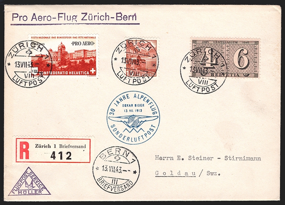 Schweiz, Flugpost, Sonderflüge, 1943, Pro Aero, Zürich-Bern, SF43.1b, R-Brief