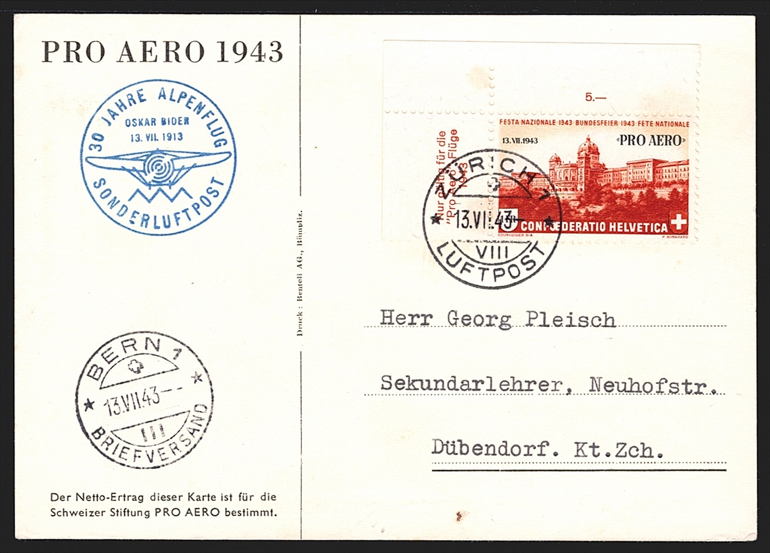 Schweiz, Flugpost, Sonderflüge, 1943, Pro Aero, Zürich-Bern, SF43.1b/d, offizielle Karte deutsch