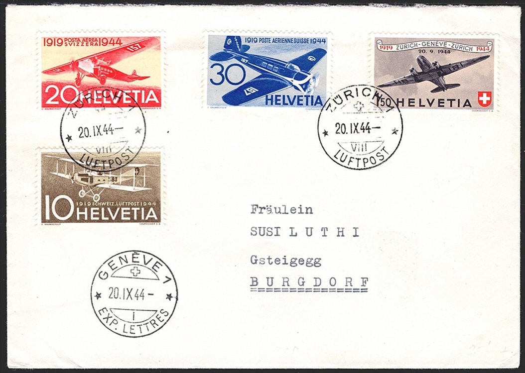 Schweiz Flugpost, Sonderflüge, Pro Aero, 1944, Zürich-Genf, SF 44.1c