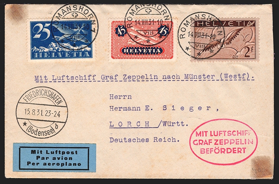 Schweiz, Flugpost, Zeppelinpost, 1931, Münsterfahrt, ZF 156A, hochwertige Frankatur, 2 kleine Fettflecken