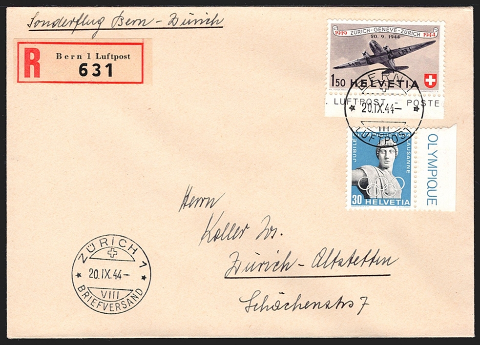Schweiz Flugpost, Sonderflüge, Pro Aero, 1944, Bern-Zürich, SF 44.1f