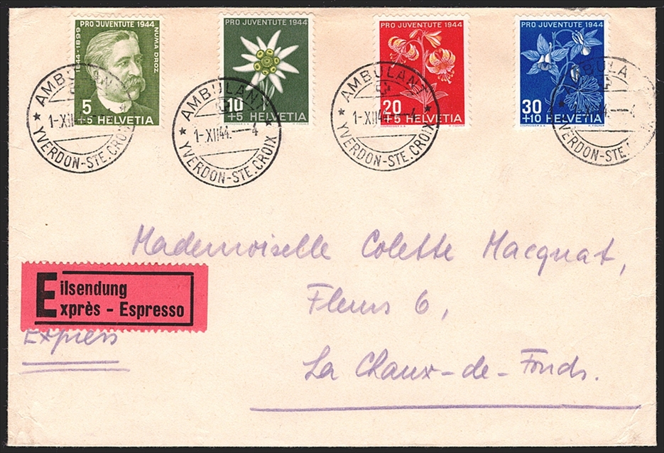 Schweiz Pro Juventute 1944 Serie SBK Nr. J109 bis J112 auf Express Brief gestempelt Ersttag