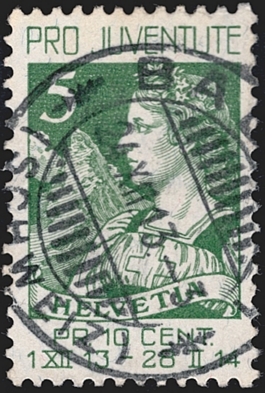 Schweiz, Pro Juventute, Nr.1, 5Rp. Helvetia, sauber gestempelt BADEN
