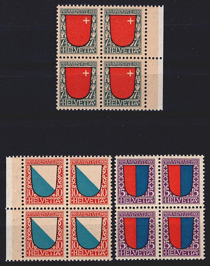 Schweiz, Pro Juventute, Nr.15-17, Kantonswappen, komplette Serie, im Viererblock