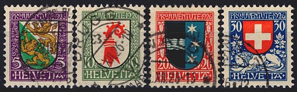 Schweiz, Pro Juventute, Nr.37-40, Kantonswappen, komplette Serie, sauber gestempelt