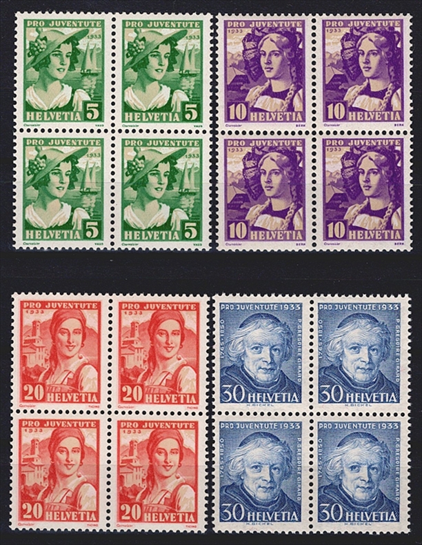 Schweiz, Pro Juventute, Nr.65-68, Trachten und Bildnis, komplette Serie, im Viererblock