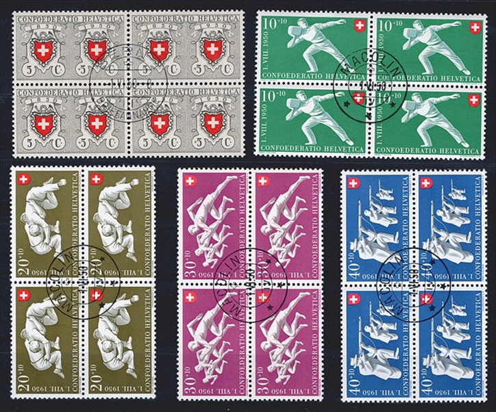 Schweiz, Pro Patria,Sport, Nr.46-50, komplette Serie, im Viererblock, sauber gestempelt, ET BERN/MACOLIN
