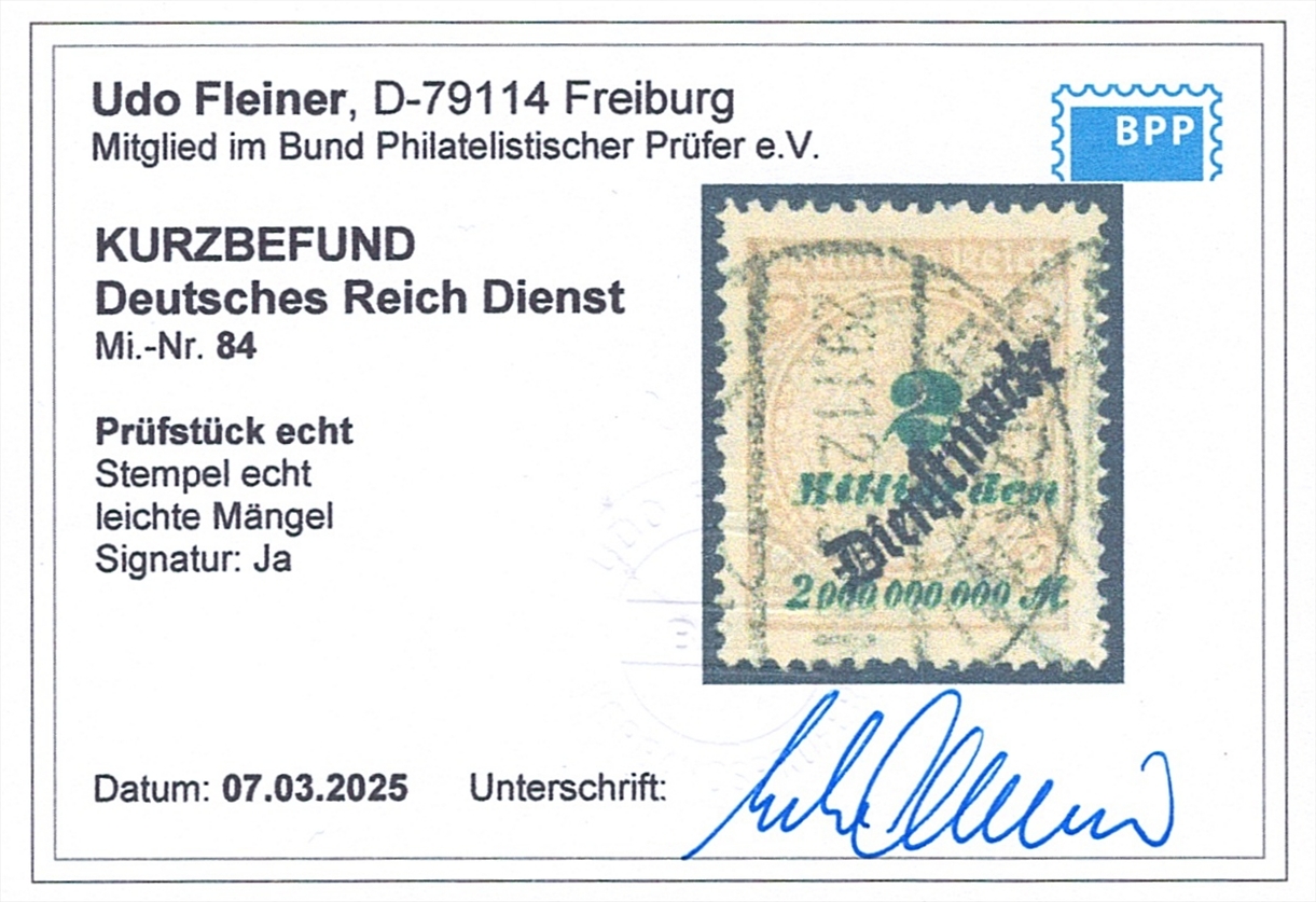 Deutsches Reich Dienst 1923 Mi Nr. 84 "Hochinflation" gestempelt – Bild 2