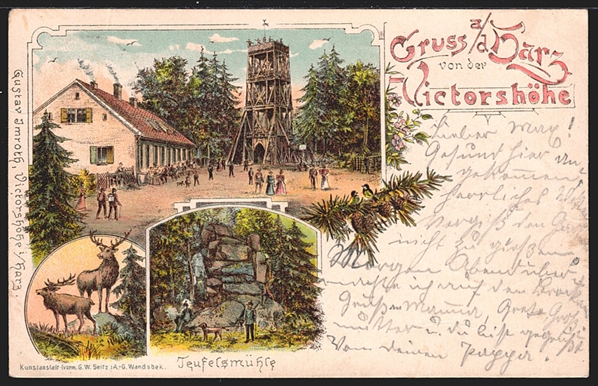 Deutschland, Lithographien, Gruss a/d HARZ von der VICTORSHÖHE, 3 Bilder, 1899