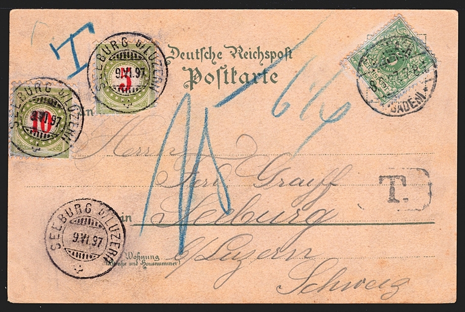 Deutschland, Lithographien, Gruss aus EBERBACH, 1 Bild, 1897, mit Nachporto Schweiz, kleine Mängel – Bild 2