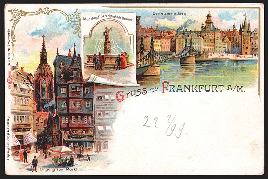 Deutschland, Lithographien, Gruss aus FRANKFURT, 3 Bilder, 1899, nicht gelaufen