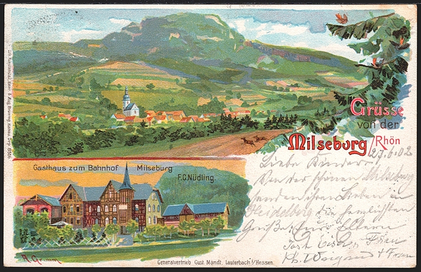 Deutschland, Lithographien, Grüsse von der MILSEBURG/RHÖN, 2 Bilder, 1902