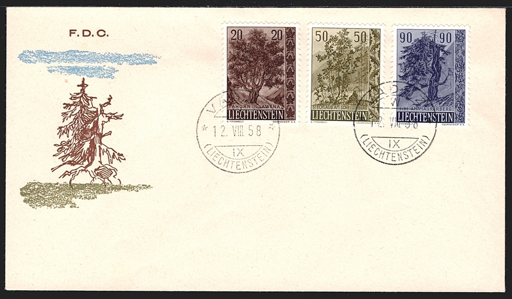 Liechtenstein, FDC, Freimarken, Bäume und Sträucher, Nr.315-317, komplette Serie, gestempelt VADUZ, illustrierter unadressierter FDC, US-Format