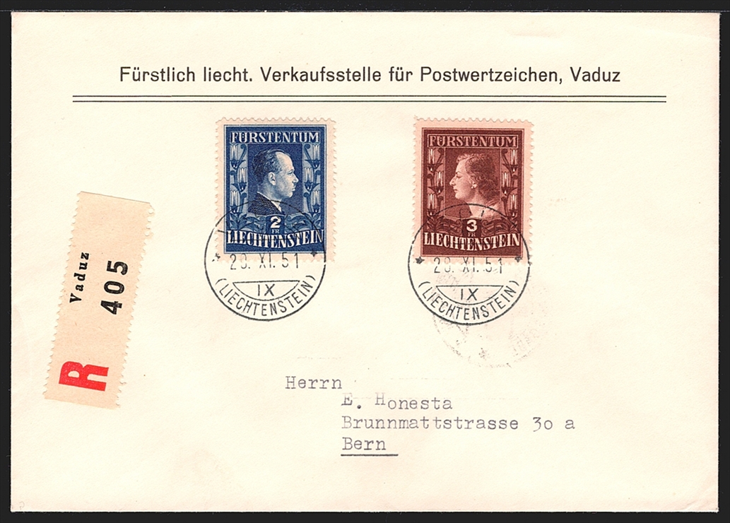 Liechtenstein, FDC, Freimarken, Fürstenpaar, Nr.248A-249A, gestempelt VADUZ, R-FDC nach Bern