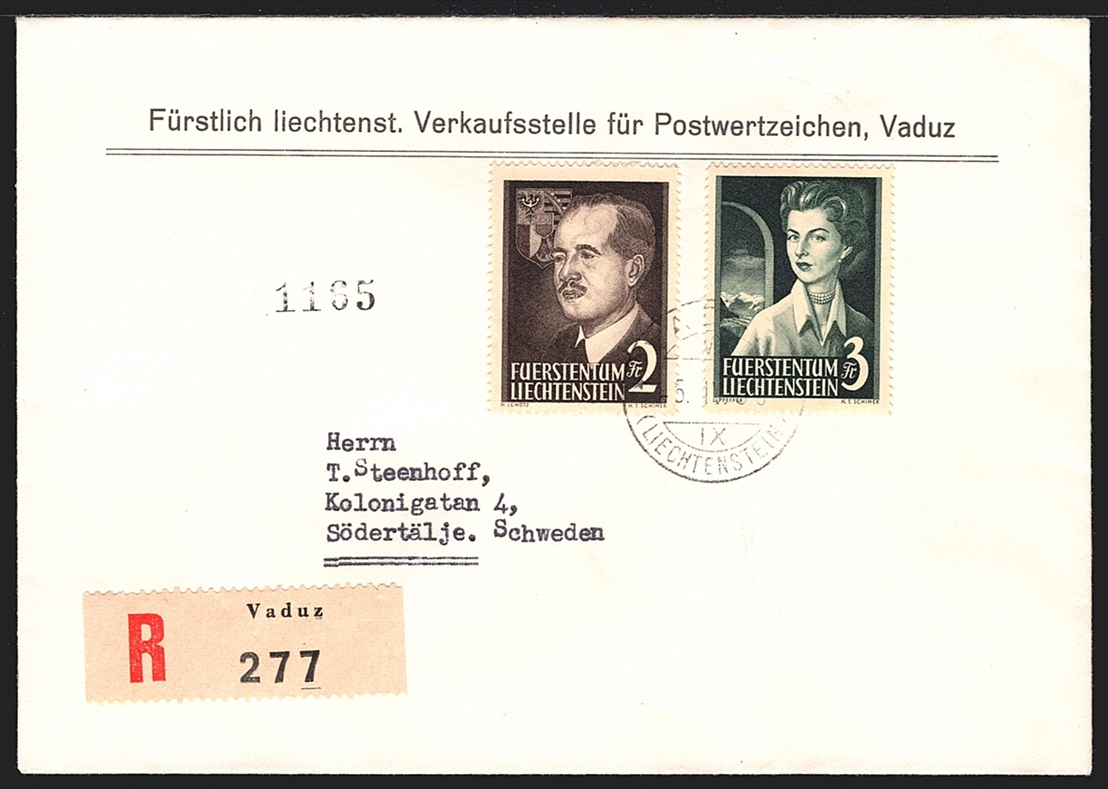Liechtenstein, FDC, Freimarken, Fürstenpaar, Nr.276-277, gestempelt VADUZ, Express-FDC nach Schweden
