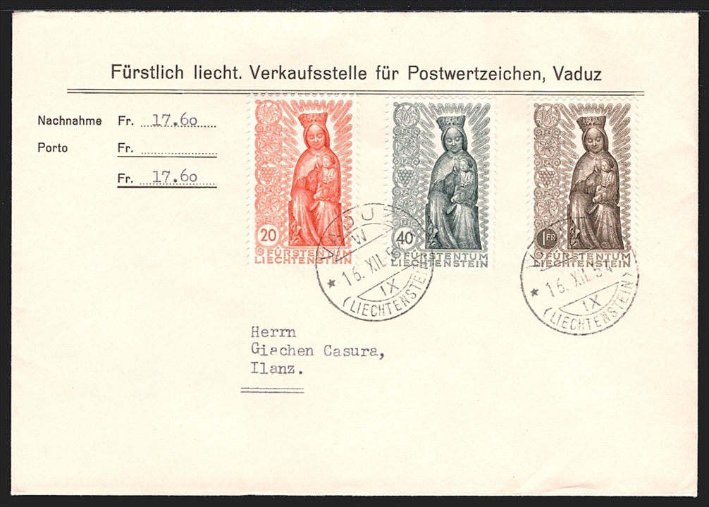 Liechtenstein, FDC, Freimarken, Marianisches Jahr, Nr.273-275, komplette Serie, gestempelt VADUZ, Nachnahme-FDC nach Ilanz