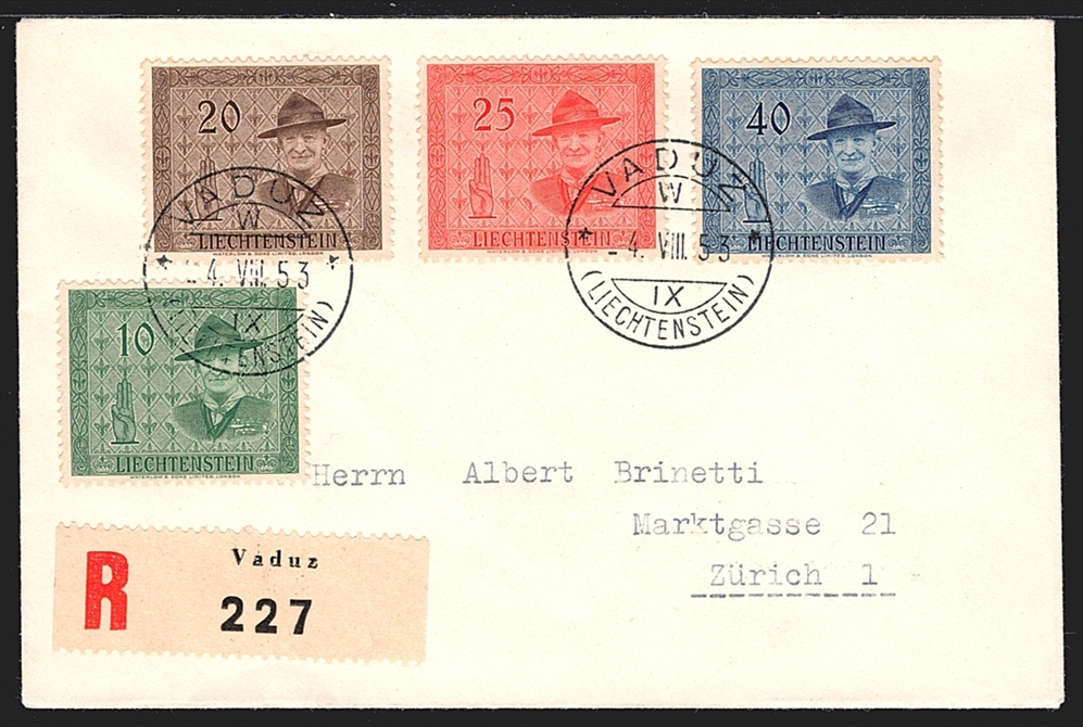 Liechtenstein, FDC, Freimarken, Pfadfinder, Nr.259-262, komplette Serie, gestempelt VADUZ, R-FDC nach Zürich
