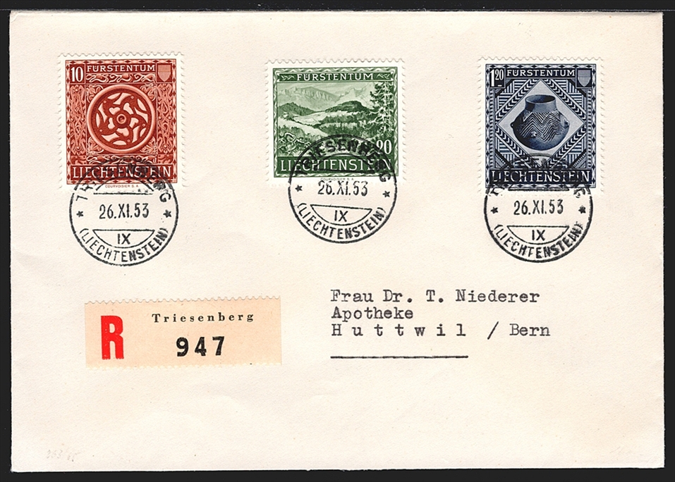 Liechtenstein, FDC, Freimarken, Prähistorische Funde, Nr.263-265, komplette Serie, gestempelt TRIESENBERG, R-FDC nach Huttwil