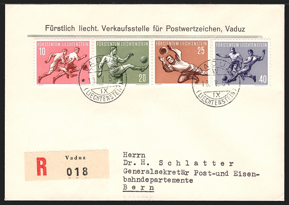 Liechtenstein, FDC, Freimarken, Sport, Nr.266-269, komplette Serie, gestempelt VADUZ, R-FDC nach Bern