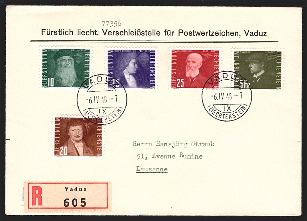 Liechtenstein, Freimarken, Nr.F24-F27,F32, Flugpioniere, offizieller R-FDC nach Lausanne, VADUZ