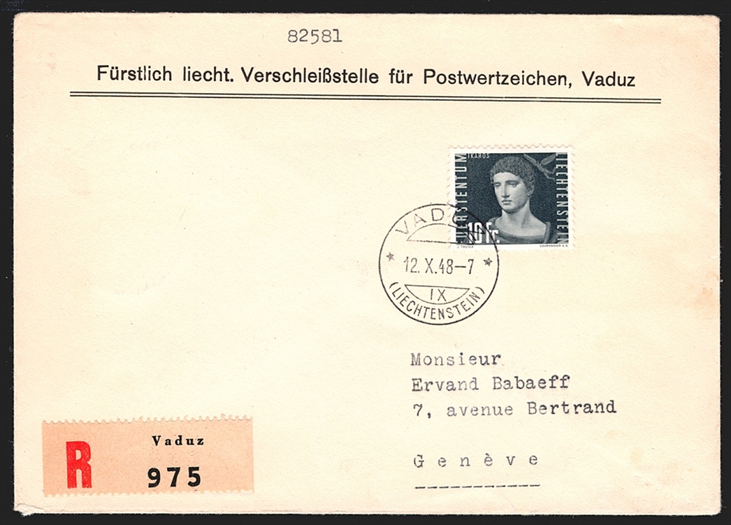 Liechtenstein, Freimarken, Nr.F33, 10Fr. Ikarus, offizieller R-FDC nach Genf, VADUZ