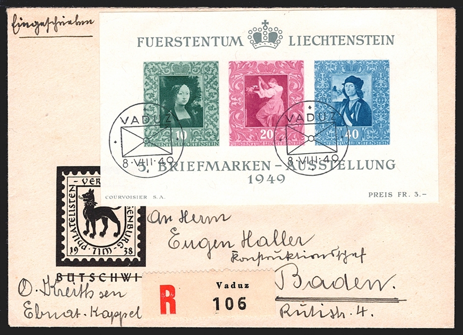Liechtenstein, Freimarken, Nr.W23, Gemäldeblock, Sonderstempel VADUZ, R-Brief nach Baden