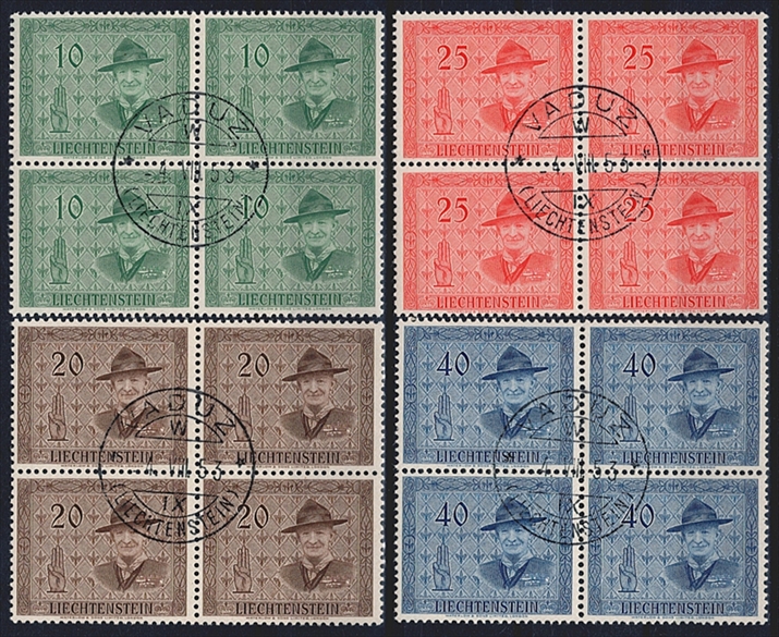 Liechtenstein, Freimarken, Pfadfinder, Nr.259-262, komplette Serie, im Viererblock, gestempelt VADUZ