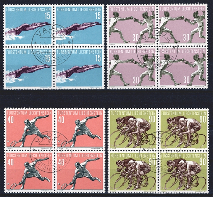 Liechtenstein, Freimarken, Sport, Nr.309-312, komplette Serie, im Viererblock, gestempelt VADUZ