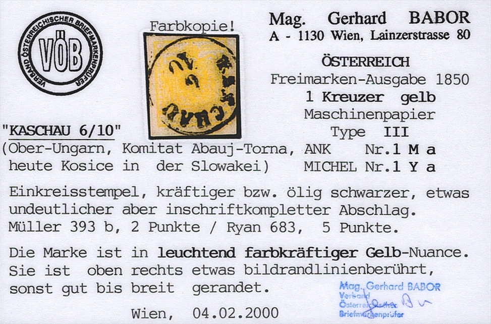 Österreich 1850 1 Kreuzer FB Nr. 1 "gelb" MP Type III gestempelt KASCHAU – Bild 2