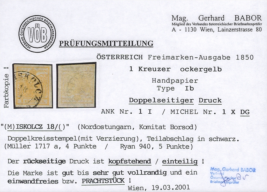 Österreich 1850 1 Kreuzer FB Nr. 1 "ockergelb" HP Type Ib mit doppelseitigem Druck - gestempelt MISKOLCZ – Bild 3