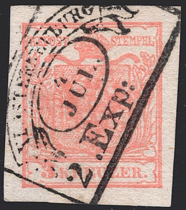 Österreich 1850 3 Kreuzer FB Nr. 3 "hellrosa" HP Type IIIa gestempelt Fahnenstempel KLOSTERNEUBURG