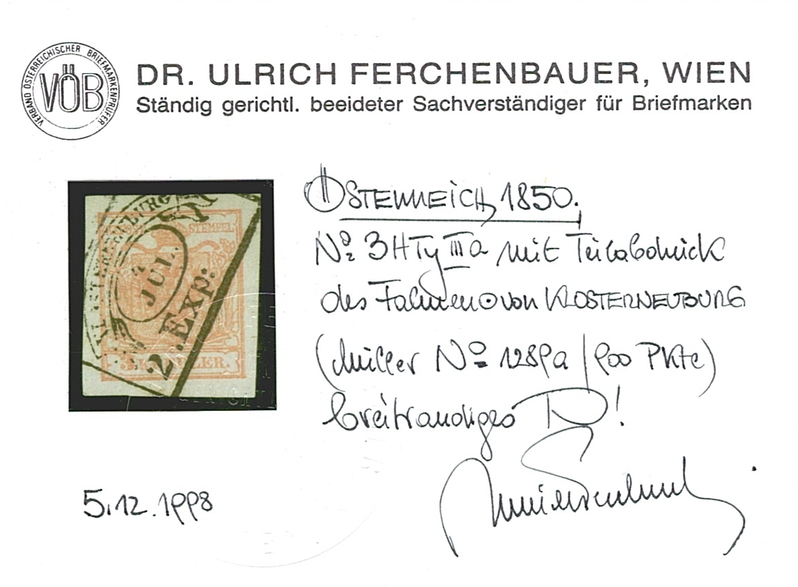 Österreich 1850 3 Kreuzer FB Nr. 3 "hellrosa" HP Type IIIa gestempelt Fahnenstempel KLOSTERNEUBURG – Bild 2