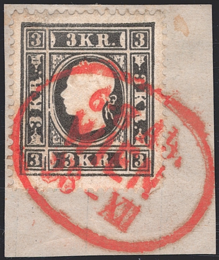 Österreich 1858 3 Kreuzer ANK Nr. 11 Ib "schwarz" auf Briefstück mit rotem Stempel WIEN