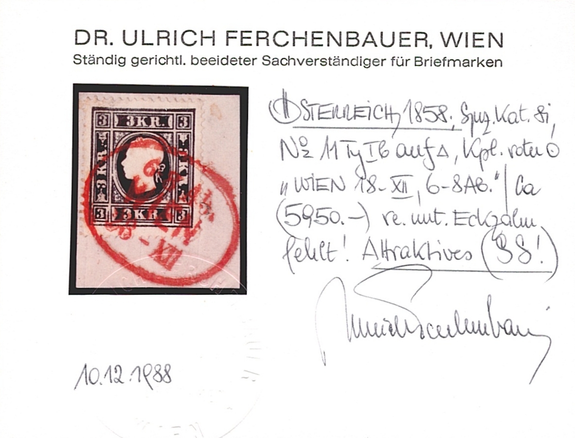 Österreich 1858 3 Kreuzer ANK Nr. 11 Ib "schwarz" auf Briefstück mit rotem Stempel WIEN – Bild 2