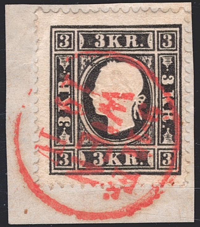 Österreich 1859 3 Kreuzer ANK Nr. 11 II "schwarz" auf Briefstück mit rotem Stempel WIEN