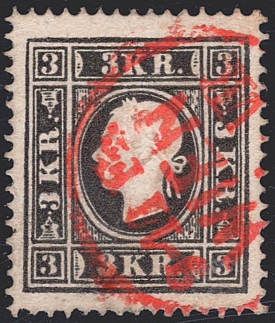 Österreich 1859 3 Kreuzer ANK Nr. 11 II "schwarz" mit rotem Stempel WIEN