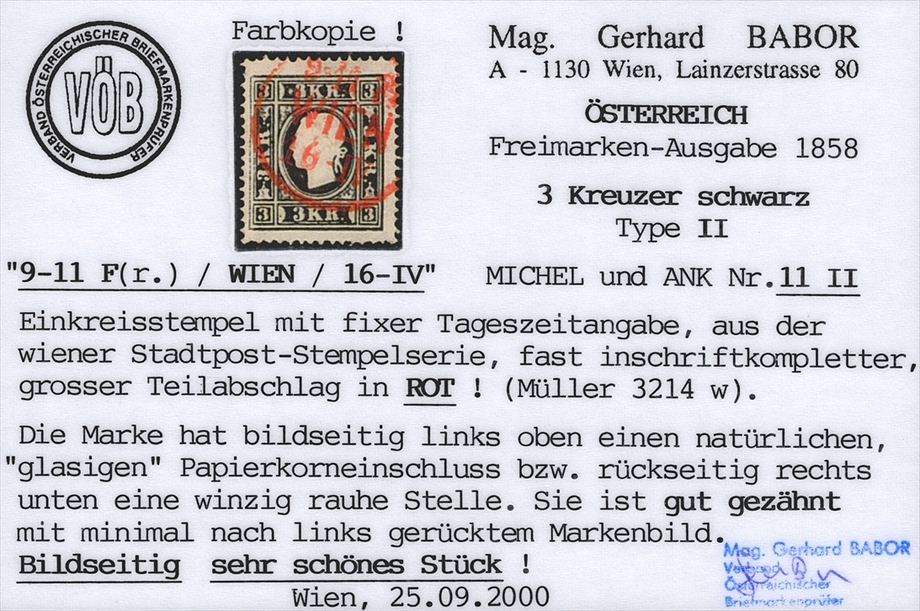 Österreich 1859 3 Kreuzer ANK Nr. 11 II "schwarz" mit rotem Stempel WIEN – Bild 2